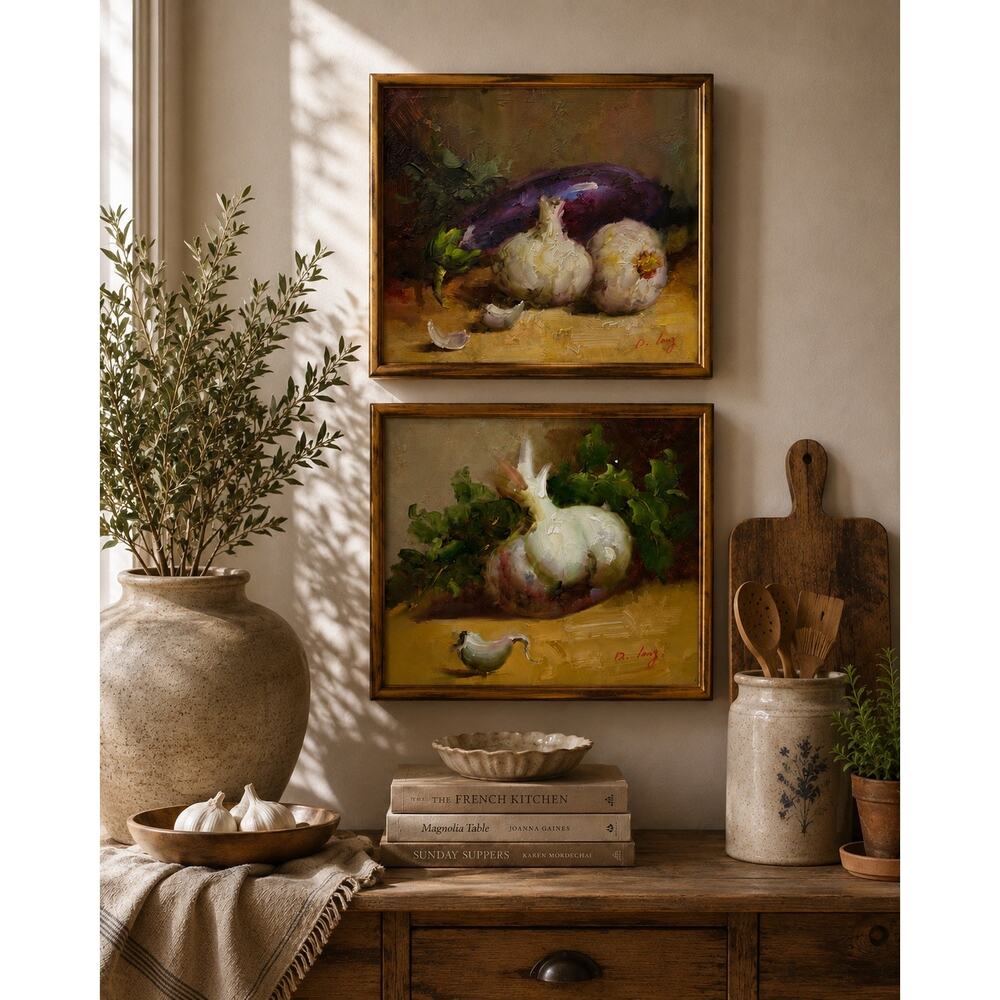 D. Long Garlic & Eggplant Oil Painting Pair Mediterranean Country Kitchen Art